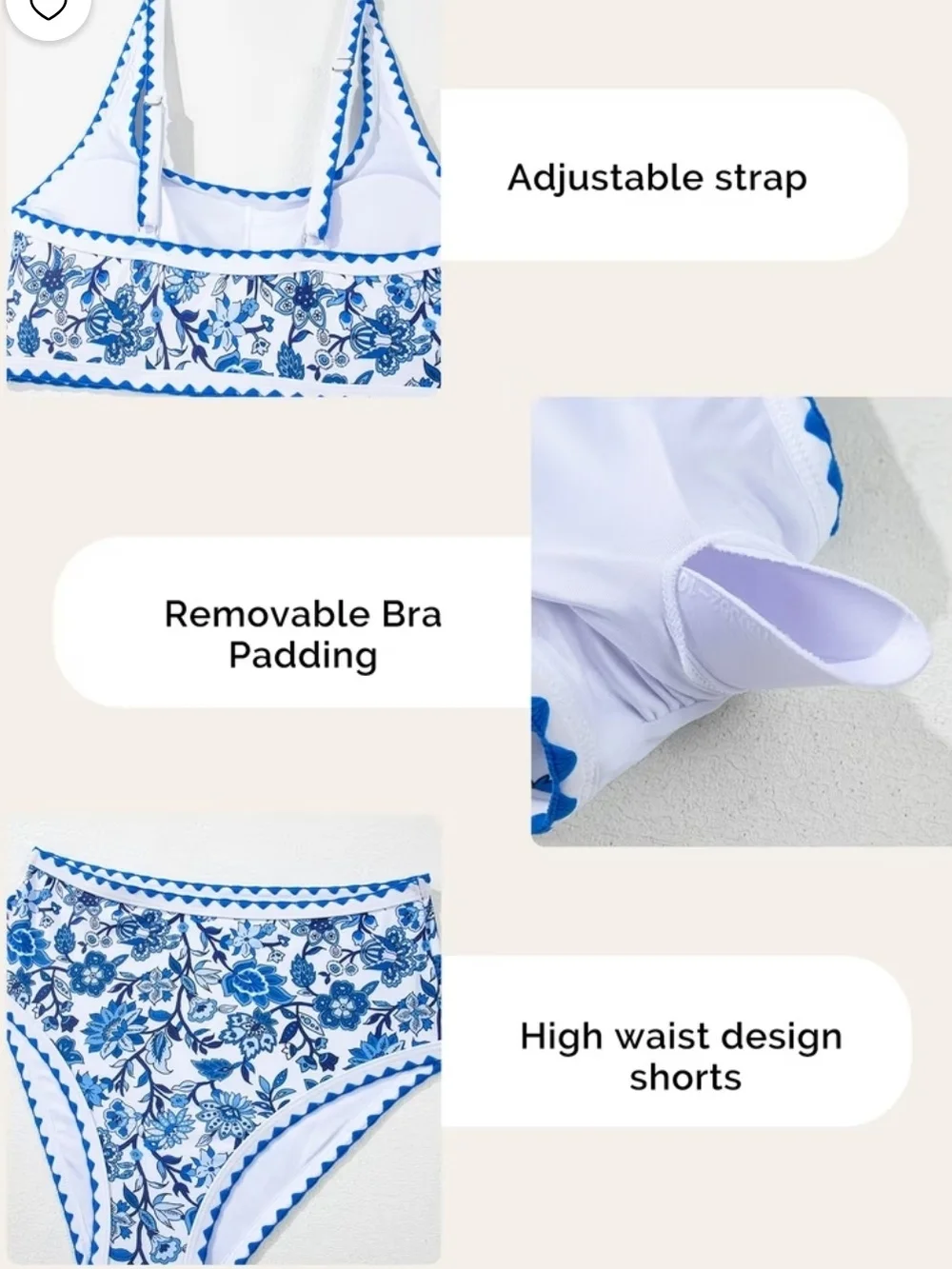 Blue Floral High-Waist Two-Piece Swim Set Size Large NWOT